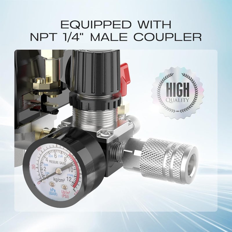 cnaodun Air Compressor Pressure Switch Control Valve, 90-120 PSI Air Compressor Switch Equips Four-Port Pressure Regulator Gauge 1/4 NPT Thread - Image 5